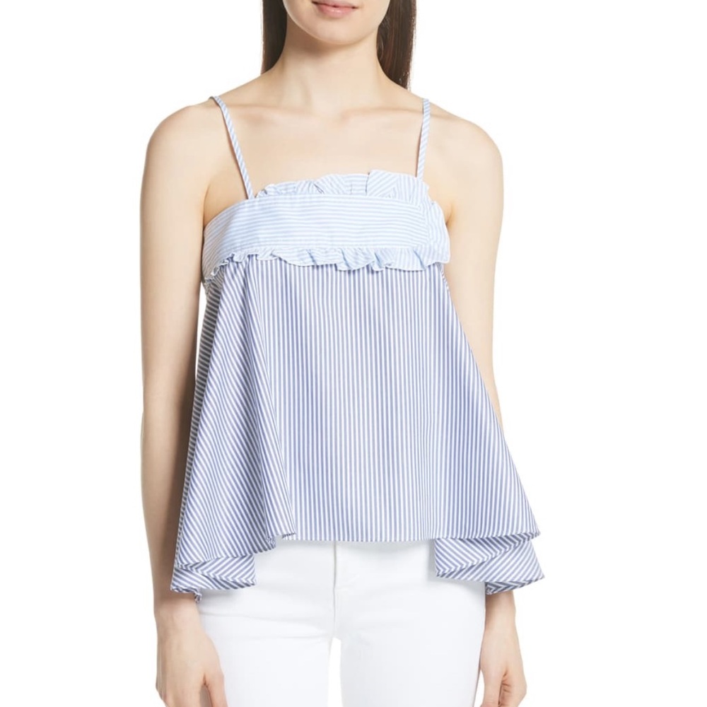 Carven Blue White Pinstripe Ruffle Swing Cotton Babydoll Tank Top Sz 8 & 10 NWT